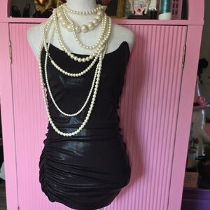 Black Strapless Ruched Mini Dress with Pearl Necklaces